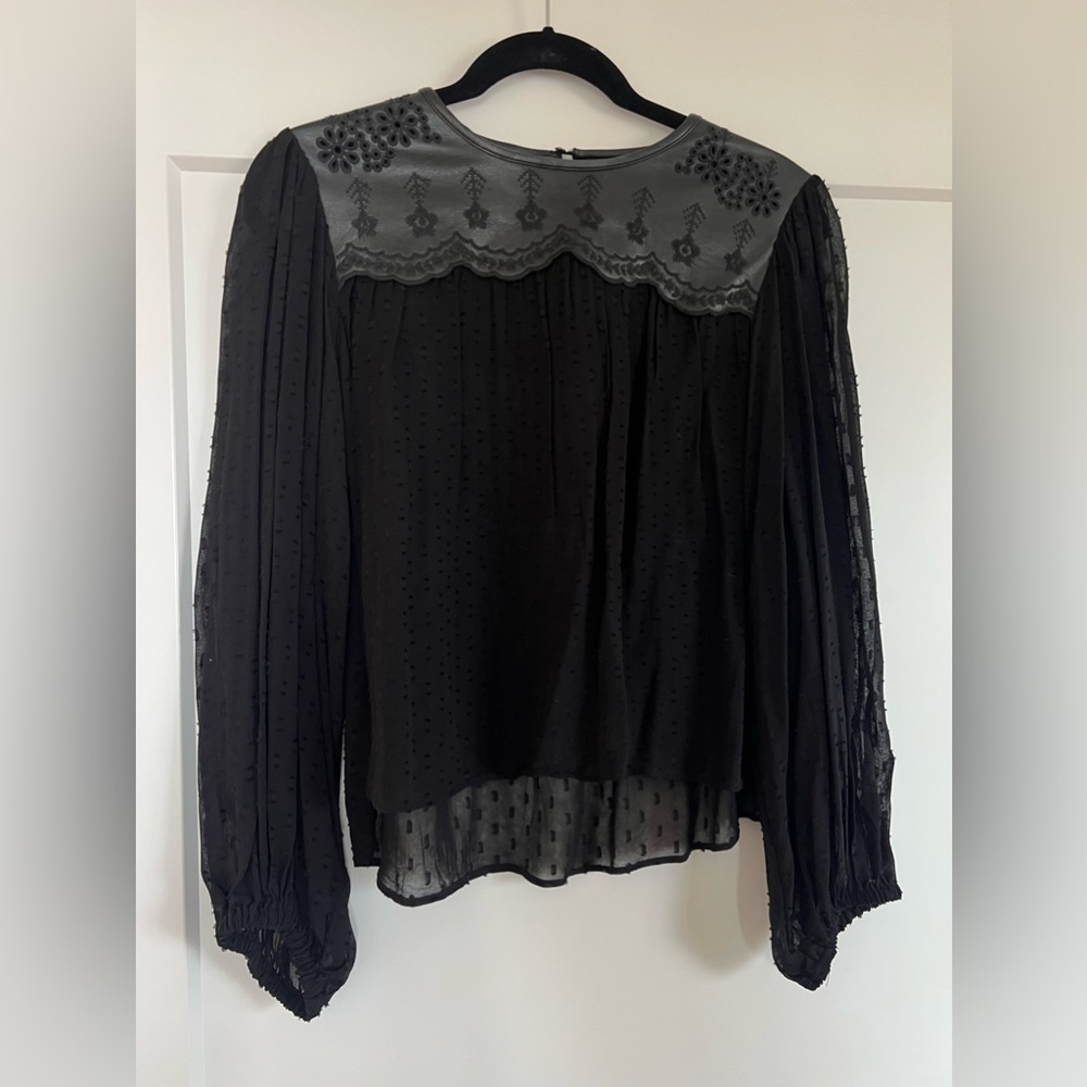 Zara Black Pointelle Blouse with Faux Leather Panel
